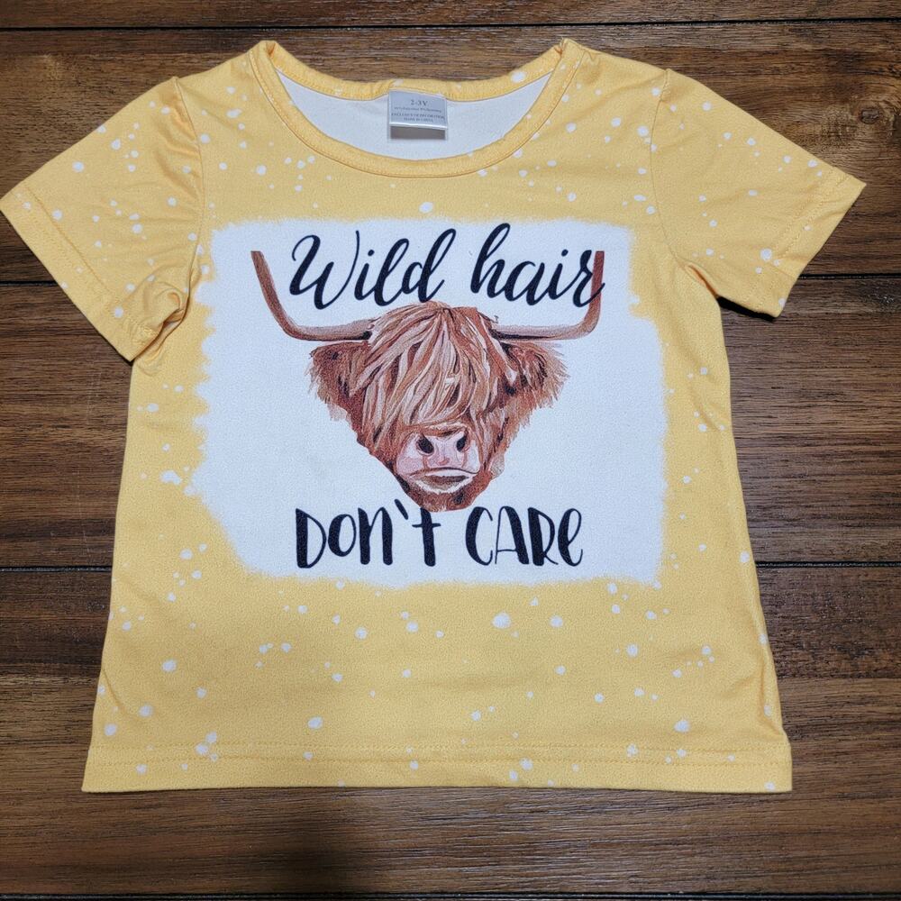 Girls Short Sleeve Yellow Tee "Wild Hair Don't Care" Highland Cow - Size 2-3Y
